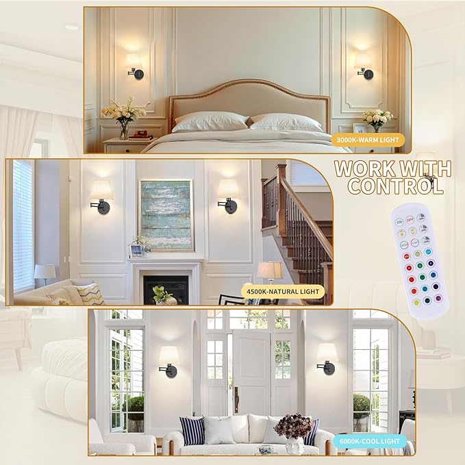 Battery Operated Wall Sconces Set of Two, Wireless Swing Arm Wall Lights with 10000mAh RGB Rechargeable Bulb and Remote Control, Sconces Wall Decor for Bedroom Living Room