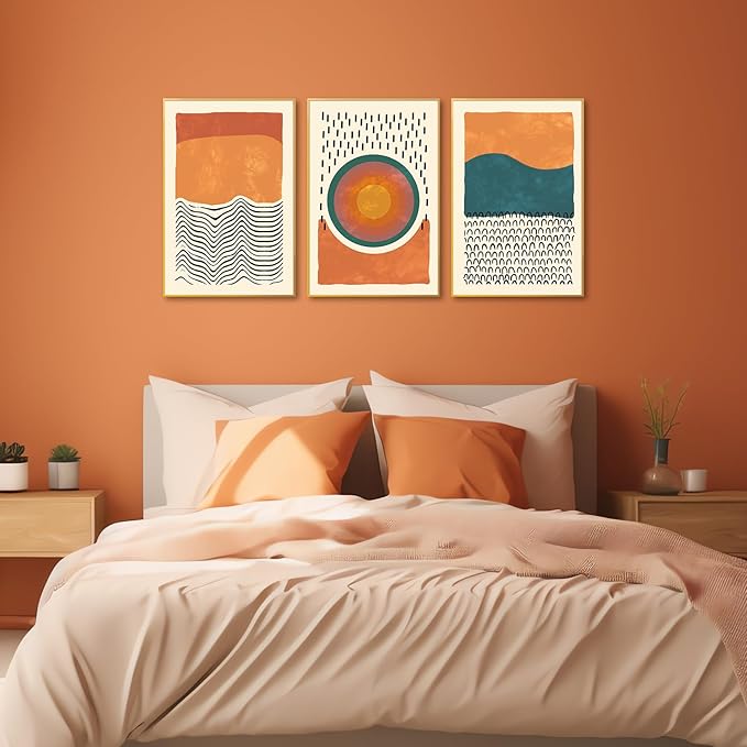 HPINUB Boho Abstract Framed Canvas Prints Wall Art Set, Mid-Century Color Block Shape Wall Decor, Minimalist Illustrations Art Photos for Living Room, Bedroom, Dining Room, Office, Bathroom -