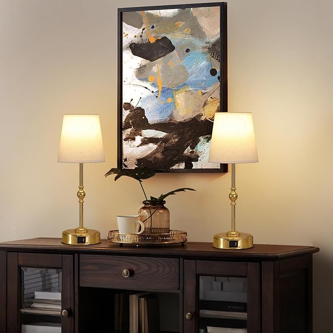 Bedside Table Lamp for Bedroom with 2 USB Charging Ports Minimalist Modern Small Gold Nightstand Lamp 3-Way Dimmable Touch Desk Lamp for Living Room Home Office Dorm,LED Bulb Included