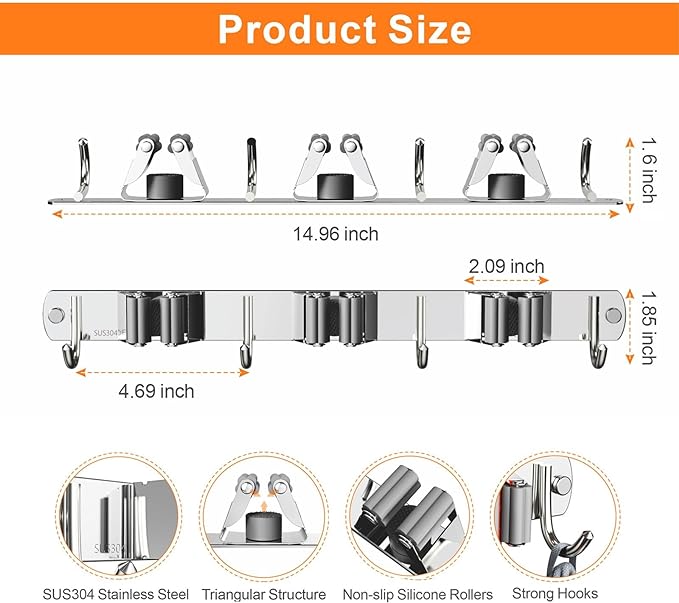 Mop and Broom Holder Wall Mount, Upgraded Broom Organizer Wall Mount, Stainless Steel Broom Hanger Wall Mount for Home Kitchen Garden Laundry Garage (3 Racks with 4 Hooks)