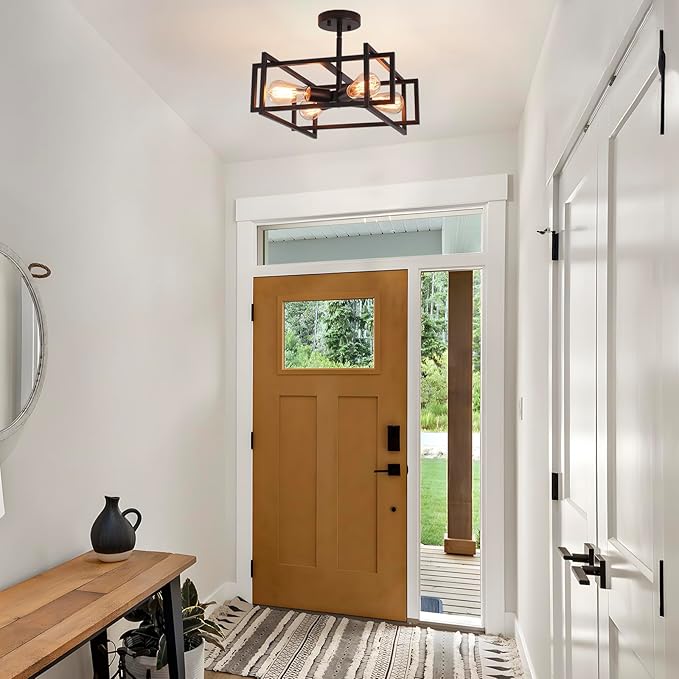 Metal Semi Flush Mount Ceiling Light Fixture, 4-Light Black Industrial Ceiling Lamp Rustic Vintage Farmhouse Lighting Chandelier Light for Kitchen Island Hallway Dining Room