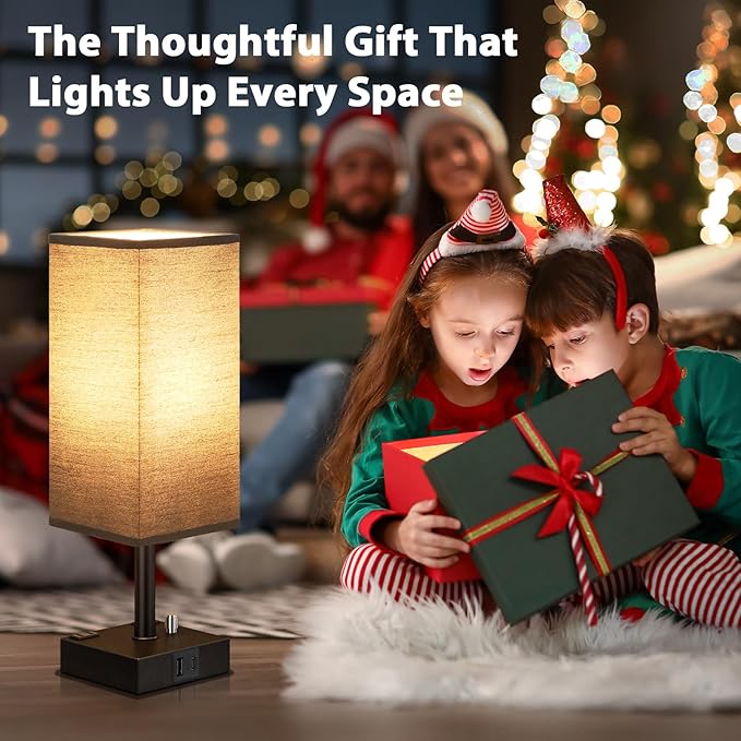 Black Fully Dimmable Nightstand Lamps Set of 2 - Table Bedside Lamp with USB C+A Charging Ports & 2 AC Outlets, Square Lamp Sets Linen Fabric Shade for Bedroom Living Room(Bulb Included)