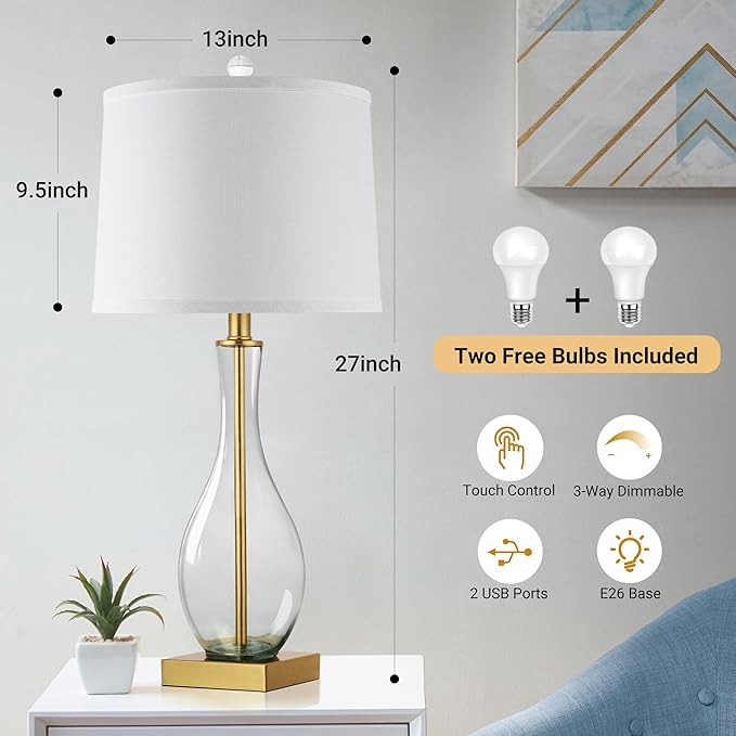 Table Lamps Set of 2 with Touch Control, 27" Bedside Desk Lamps for Nightstand Decorations, 3-Way Dimmable Modern Glass Table lamp with USB C and A Charging Ports, Gold (LED Bulbs Included)