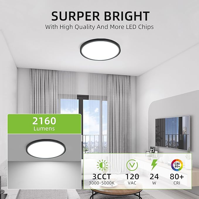 hykolity 2 Pack 12 Inch Selectable CCT LED Round Flat Panel Light, 24W, 3000K/4000K/5000K, Edge-Lit Flush Mount Ceiling Light Fixture for Kitchen, Bedroom and Closet Room, Black