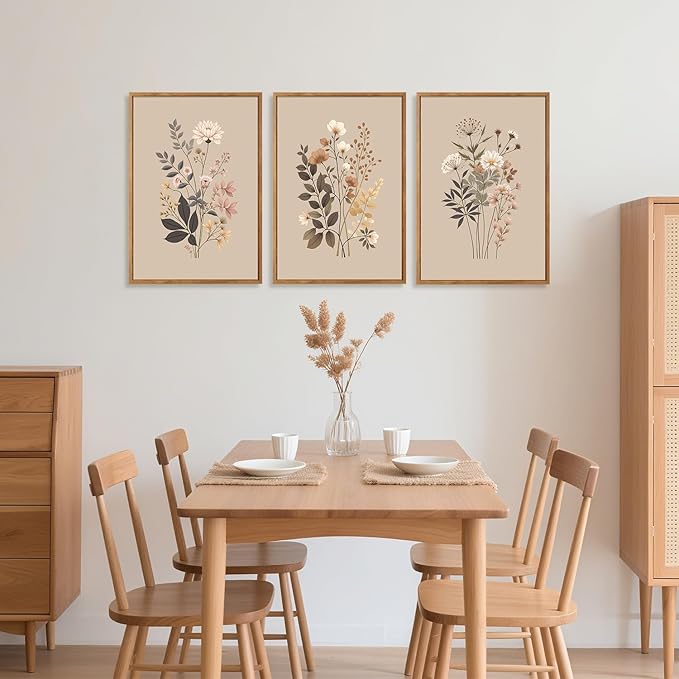 CHDITB Botanical Flower Framed Canvas Wall Art Set, Nature Wildflower Wall Decor, Boho Floral Art Antique Wall Painting, Vintage Dining Room Art Prints for Living Room, Bedroom, Office 24"x36"x3