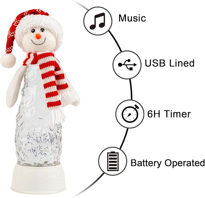 Christmas Snowman Decorations, Lighted Snowman Plush Swirling Glitter Musical Christmas Snow Globe Water Lantern for Table Mantel Desk Fireplace Home Holiday Decor