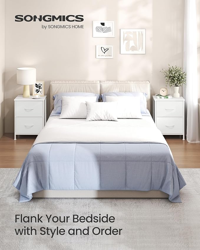 SONGMICS Dresser for Bedroom, Chest of Drawers, Nightstand, Steel, MDF, 2 Non-Woven Fabric Drawers, Storage Organizer Unit, Closet, Entryway, Cloud White and Snow White ULGS312W01S