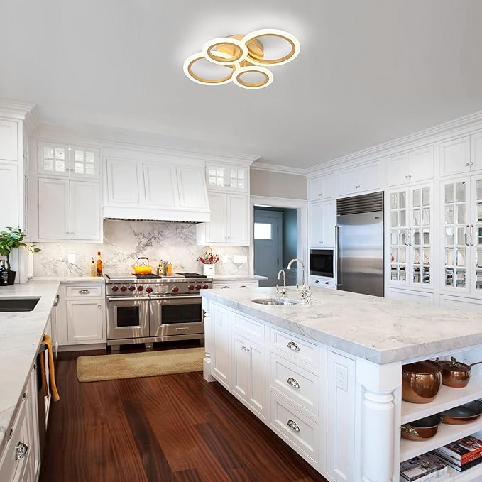 Modern LED Ceiling Light, Gold 4 Rings Flush Mount Ceiling Light, 4000K Lighting Fixture Ceiling Lamp for Kitchen, Bedroom, Living Room, Laundry Room