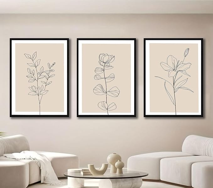 3Pcs Framed Canvas Wall Art Set Simple Botanical Line Art Print Modern Floral Poster Artwork Canvas Wrap Gallery Picture for Living Room Bedroom Bathroom Office Home Decor 12x16 Inch