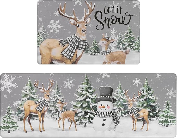 SHACOS Christmas Kitchen Rugs Set of 2 Anti-Fatigue Kitchen Mats Cushioned Christmas Deer Forest Trees Farmhouse Kitchen Mats and Rugs for Xmas 17x27.5+17x47, Forest Deer