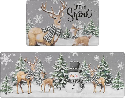 SHACOS Christmas Kitchen Rugs Set of 2 Anti-Fatigue Kitchen Mats Cushioned Christmas Deer Forest Trees Farmhouse Kitchen Mats and Rugs for Xmas 17x27.5+17x47, Forest Deer