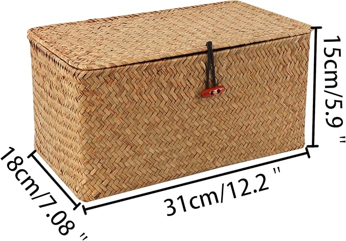 Wicker Shelf Baskets with Lid,Natural Seagrass Storage Basket Boxes Handwoven Rectangular Baskets Bins Multipurpose Home Organizer Decor (Medium)