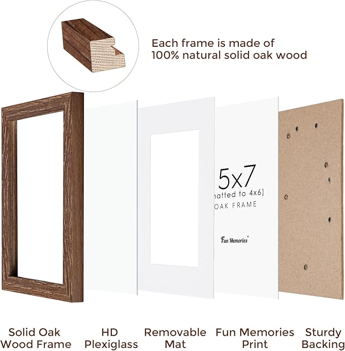 5x7 Picture Frame, Solid Oak Wood 5 x 7 Frame with Plexiglass, 5 by 7 Photo Frame for Wall & Tabletop Display, 5x7 Picture Frame Matted to 4x6, Walnut Color, 1 Pack