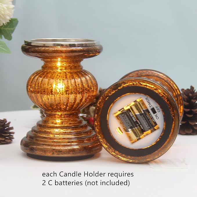 Mercury Glass Pillar Candle Pedestal Holders with Lights Set of 2,Candle Holder for Pillar Candle,Candlestick Holders,Perfect Decoration for Wedding Home Dining Table Xmas(Chocolate)