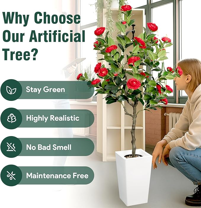 Artificial Camellia Tree 5FT, Red Flower Tree in White Pot, Faux Outdoor Indoor Plant, Potted Artificial Flower for Home Office Housewarming Porch Decor (61'' Height)