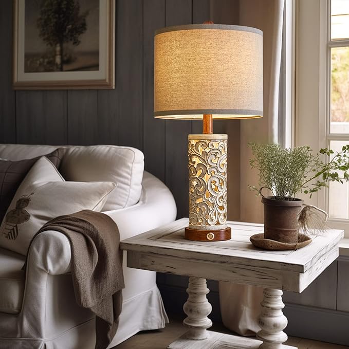 OYEARS 3-Way Dimmable 22'' USB A+C Touch Control Table Lamp Set of 2 with Nightlight for Living Room Bedroom Farmhouse Bedside Nightstand Lamps (Brown, Bulb Included)