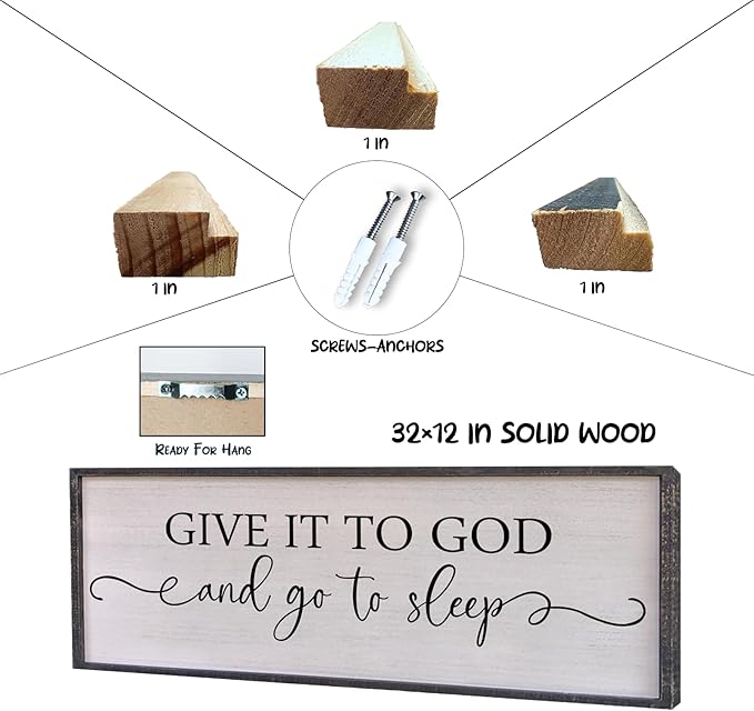 Surfapans Give It To God And Go To Sleep Sign Wall Decor Above Bed 32"x12" Master Bedroom Guest Room Over Bed Wood Rustic Framed Wall Art (Black)