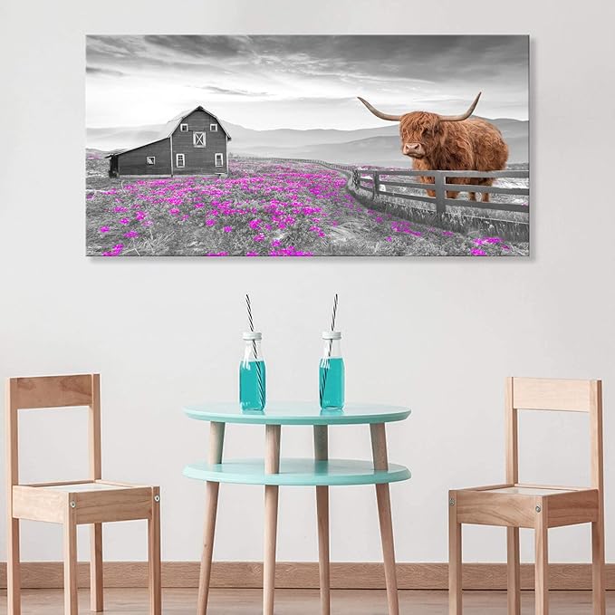 Highland Cow Pictures Canvas Wall Art for Living Room Home Wall Decor Black and White Background Animal Cow Purple Flowers Country Scenery Prints Painting for Bedroom Office Decoration 20x40 inches