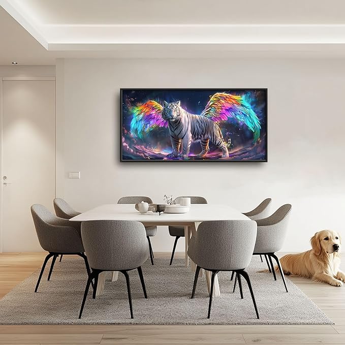 Flintis Large Tiger Wall Art White Tiger Angel Wings Pictures Wall Decor Abstract Animal Canvas Painting Print Artwork Decoration Framed for Living Room Bathroom Master Bedroom Office 60L x 30W
