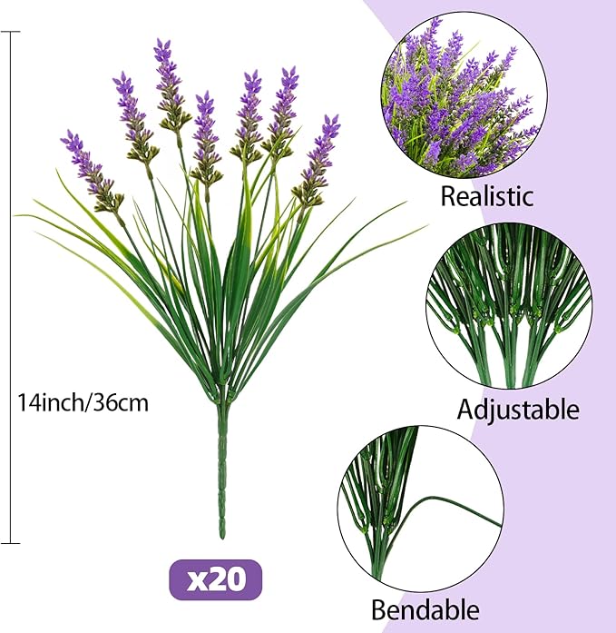 N&T NIETING Artificial Plants Outdoor, 20 Bundles Fake Monkey Grass with Spring Flowers, UV Resistant Faux Plants for Garden Window Office Patio Hanging Planter Pathway Front Porch Home(Purple)