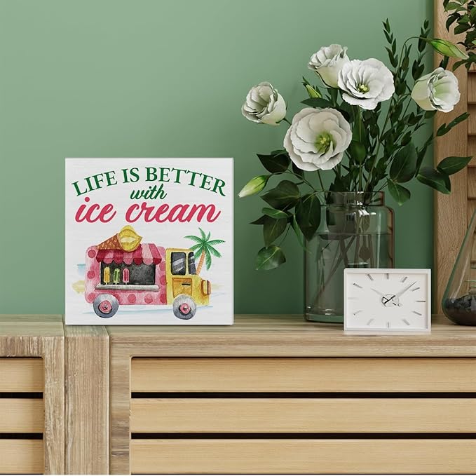 Summer Decor - Ice Cream Truck Decorations Summer Popsicle Wooden Sign Home Shelf Desk Decor 5 X 5 Inches