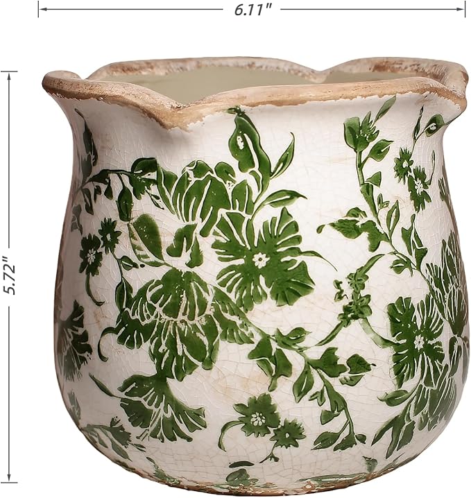 Ceramic Pots for Plants, Vintage Plant Pots with Drainage Hole, 6.11in. Planter for Indoor Plants, Crackle Glaze Finish Flower Pot, Perfect Tuscan Ceramic Planter for Gardening, Green