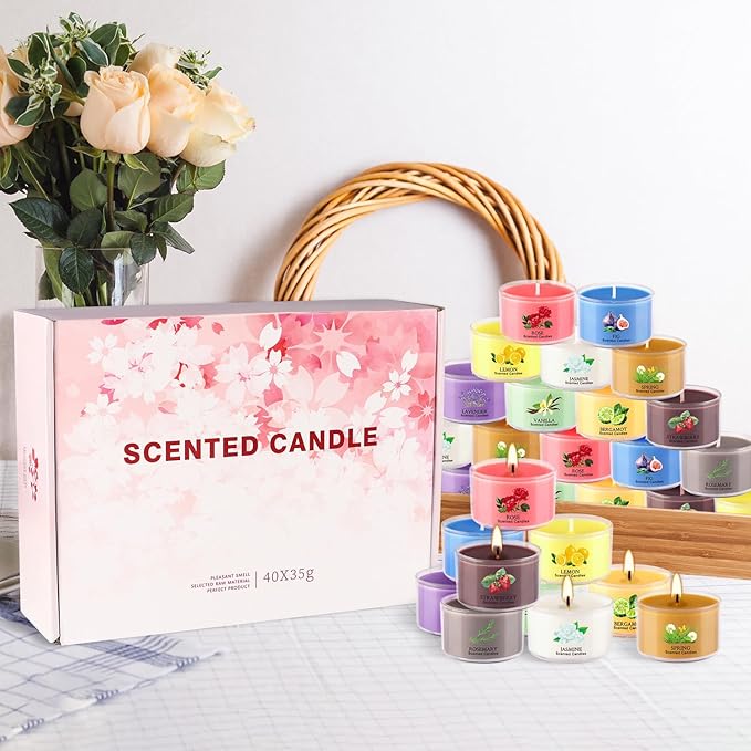 40 Scented Candle Set, 10 Fragrances, 35g Natural Soy Wax Candles with Smokeless Cotton Wicks, Ideal for Home Decor, Yoga, Meditation, Spa & Gifting.