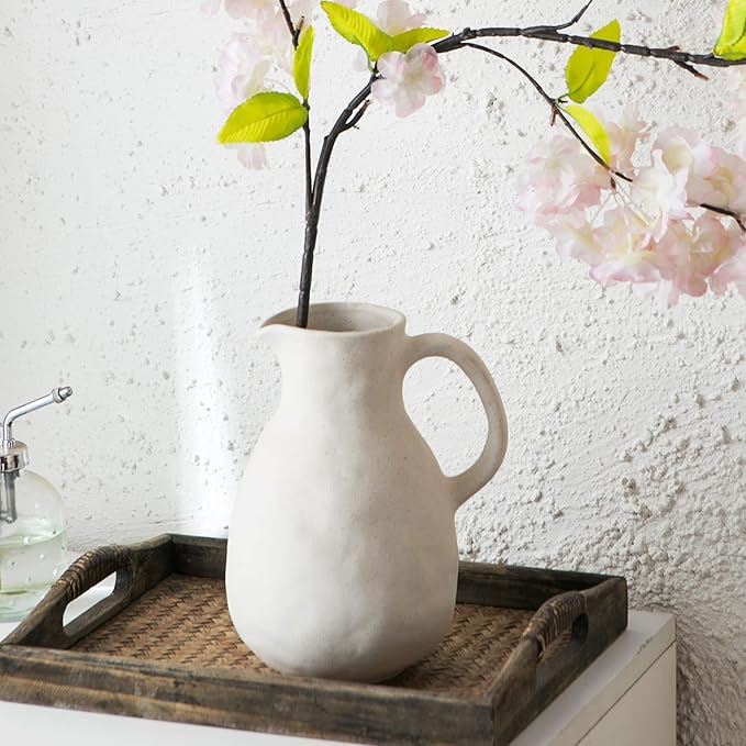 Kimdio Ceramic Vase with Handle, Modern Farmhouse Pitcher Vase for Home Decor, Rustic Pottery Vase, Decorative Flower Vase, Clay Vase, Centerpieces for Living Room