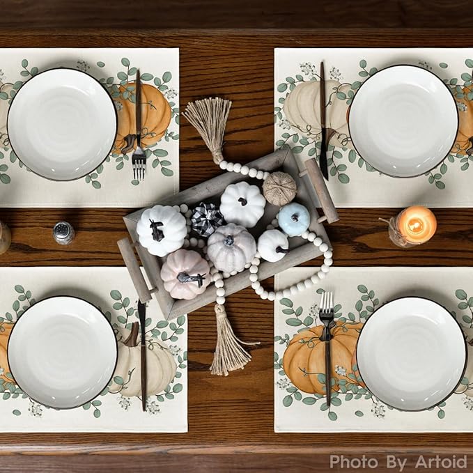 Artoid Mode Orange Pumpkin Eucalyptus Fall Placemats Set of 6, 12x18 Inch Seasonal Table Mats for Table Runner Party Kitchen Dining Decoration