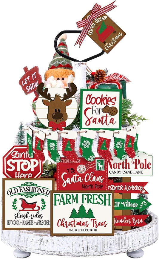 17 Pcs Christmas Tiered Tray Decor Set Winter Tiered Tray Decorations Farmhouse Tabletop Centerpiece Christmas Wooden 3D Sign for Xmas Home Buffalo Plaid Rustic Table Decoration(Bright)