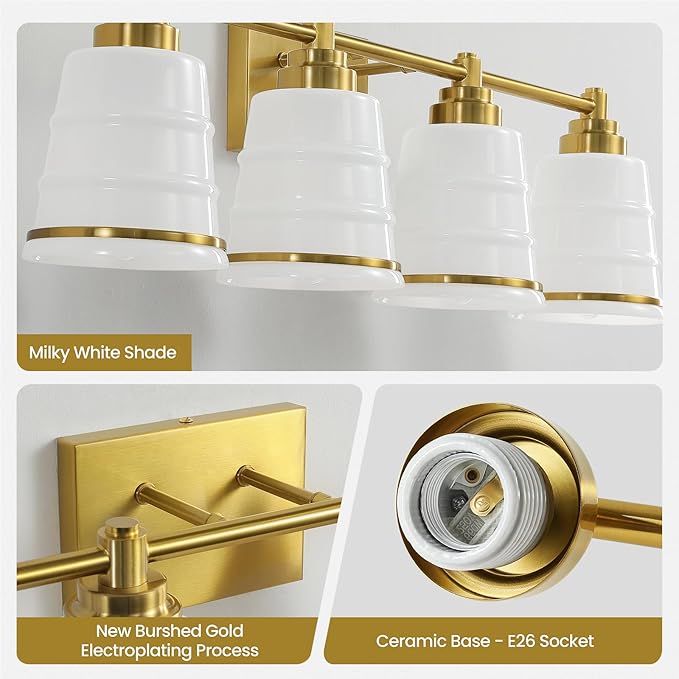 Gold Bathroom Vanity Light Fixture, 4 Light Bathroom Light Fixtures Over Mirror with Milky White Glass and Metal Base Wall Sconce, 29.1 inch Modern Vanity Light for Bathroom(Exclude E26 Bulb)