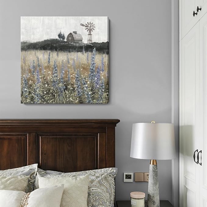 Farmhouse Wall Art for Living Room Classical Scenery Canvas Print Rustic Countryside Wildflower Field Landscape Nature Wilderness Meadow Picture Vintage Windmill Barn Painting Framed Artwork 24x24inch