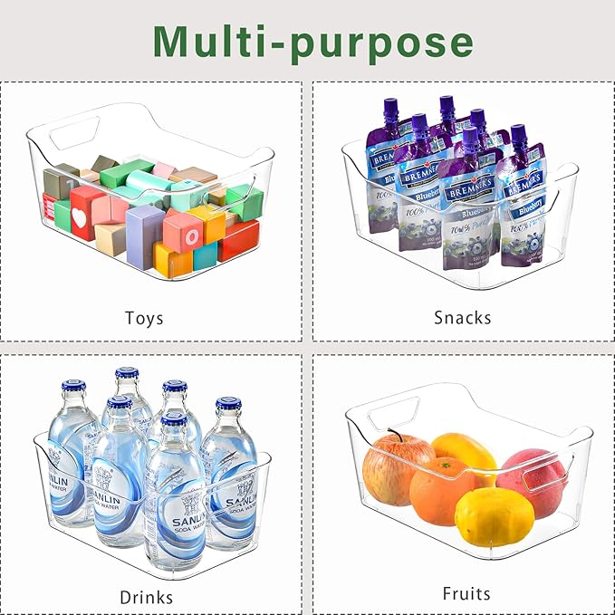 Clear Plastic Storage Bins,12 Pack Pantry Organizers and Storage, Clear Pantry Organizer Bins, Plastic Containers with Handle for Kitchen,Freezer,Cabinet,Closet,Bathroom Under Sink Storage