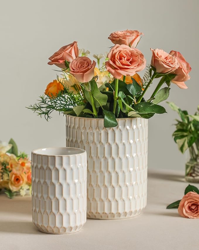 Utensil Holder, 7.3"+5.4" Ceramic Kitchen Utensil Holder for Countertop, Large Cooking Utensil Crock for Kitchen Counter, Set of 2, Beige