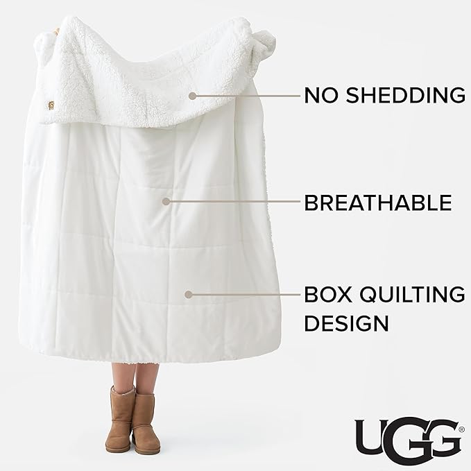 UGG Nita Throw Blanket Soft Reversible Plush Throw for Couch or Bed Washable Warm Fluffy Blanket for College Dorm Essentials and Bedding with Down Alternative Fill, 50-inch x 70-inch, White Snow