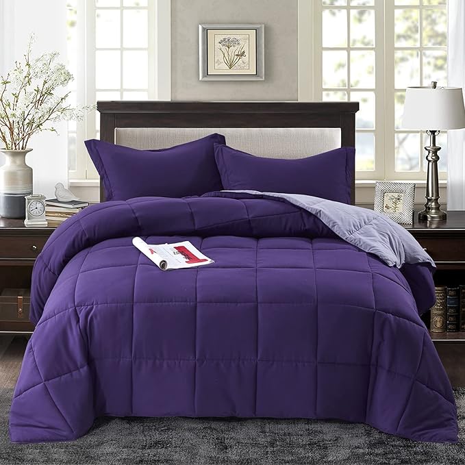 HIG 3 Pieces Purple Oversized Reversible Comforter Set King, Modern Breathable Box Stitched Duvet Insert with 2 Shams, Soft Fluffy All Season Comforter Set with Corner Tabs for Bedroom, Microfiber