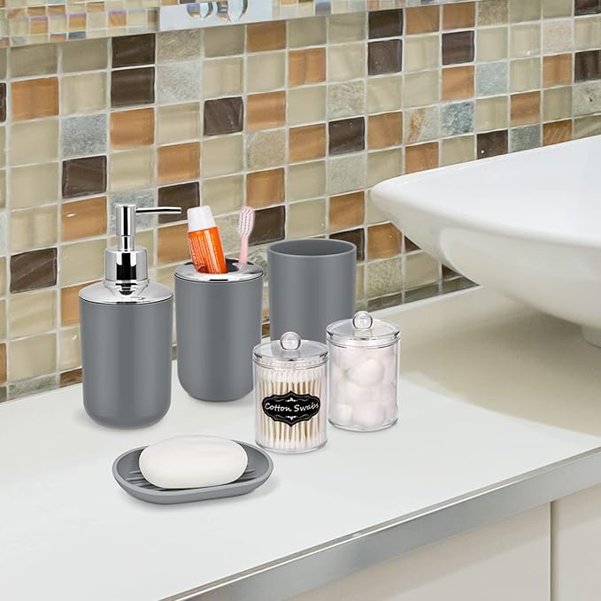 IMAVO Bathroom Accessories Set,Grey Bathroom Set,9 Pieces Bathroom Accessory Set,Tray,Qtip Holders,Toilet Brush,Trash Can for Bathroom Décor and Home Gifts
