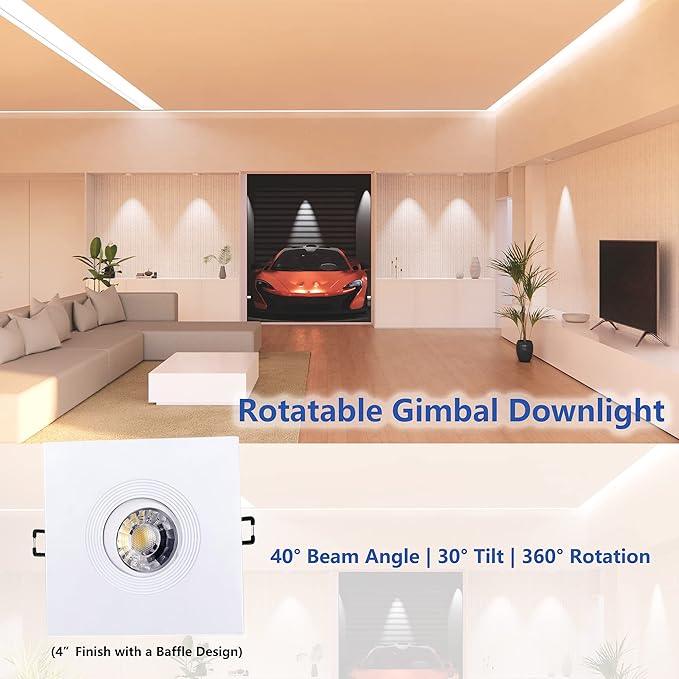 Canless Recessed Gimbal Downlight Rotatable-Spotlight 5 CCT 4 Inch Eyeball Ceilling Potlight, Dimmable Lights Fixture with Junction Box, 8W CCT Adjustable, White Square Trim, with Baffle, 6P