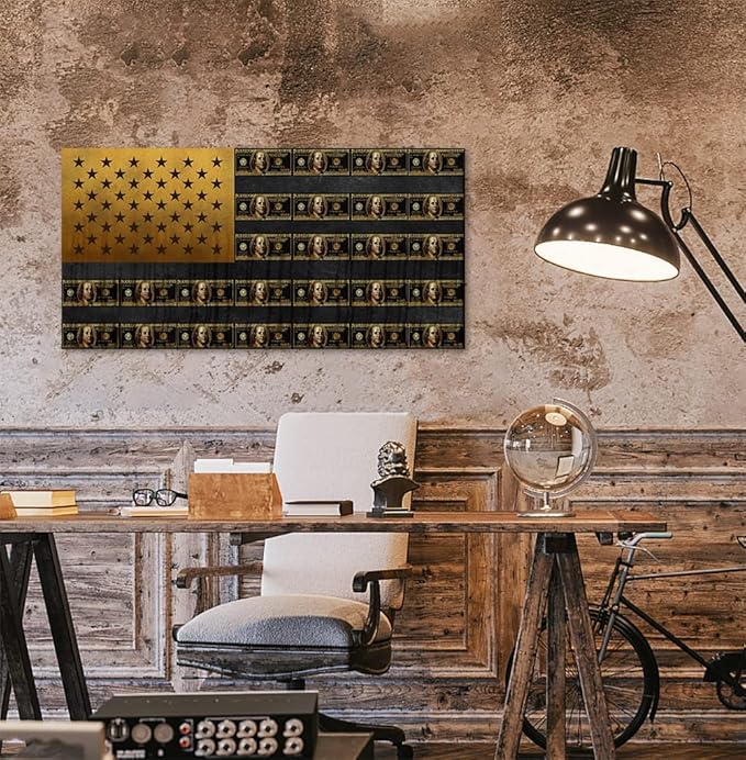 Abstract Dollars Creative USA Flag Wall Art Golden Vintage Bill American Flag Creative Inspirational Framed Posters Prints Paintings Artwork for Home Walls Guest Roomm Study Room Gym Decor-40"Wx20"H
