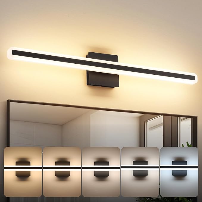 31.5 Inch 5 Color Adjustable Vanity Lights Over Mirror Vanity Lighting Fixtures for Bath Matt Black Bathroom Light Fixtures Over Mirror Black Led Modern Light Bar 5CCT
