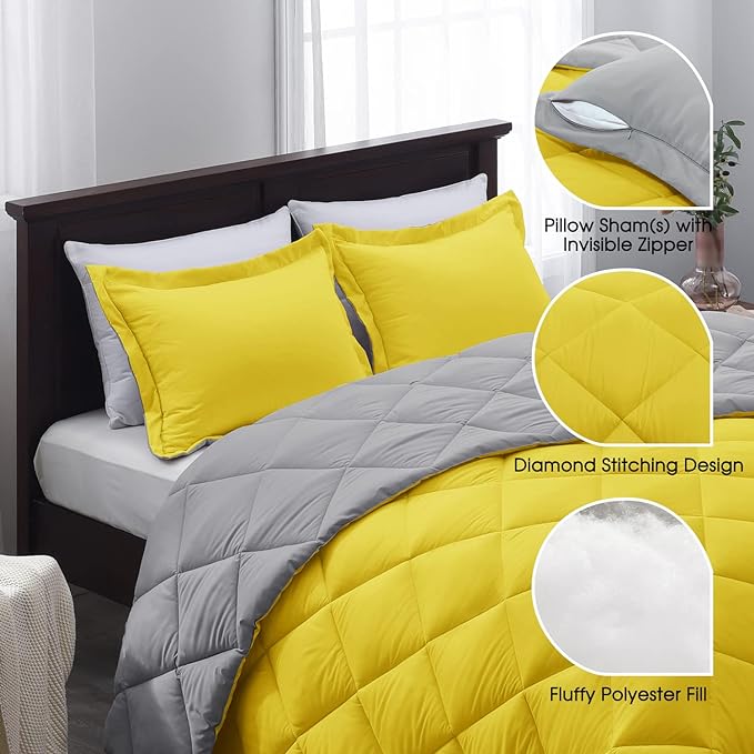 Basic Beyond Twin Comforter - Reversible All-Season Twin Bed Set, Yellow & Grey, 1 Comforter & 1 Pillow Sham
