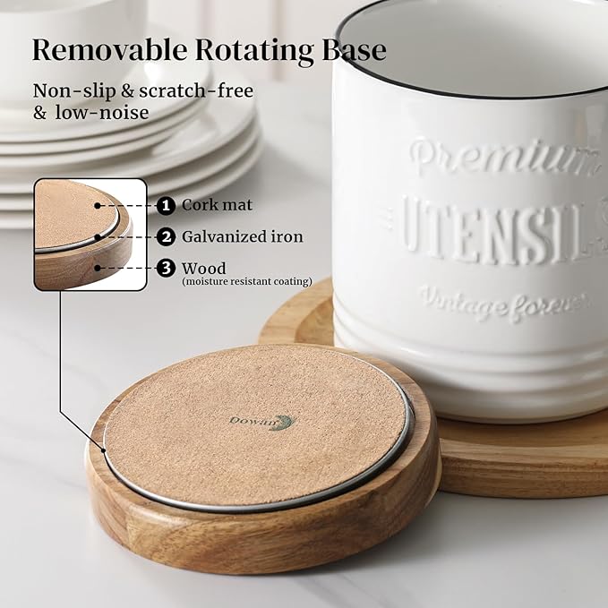 DOWAN 360° Rotating Extra Large Cooking Utensil Holder, 7.6" Kitchen Utensil Holder for Countertop, Utensil Crock for Farmhouse Kitchen Decor, Ceramic Stable Utensil Caddy, White Text