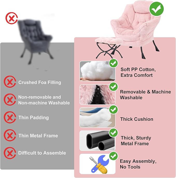Lazy Chair with Ottoman, Modern Chair with Folding Footrest, Lounge Accent Chair, Comfortable Reading Chair, Oversized Armchairs for Bedroom, Study, Living Room(Plush Pink)
