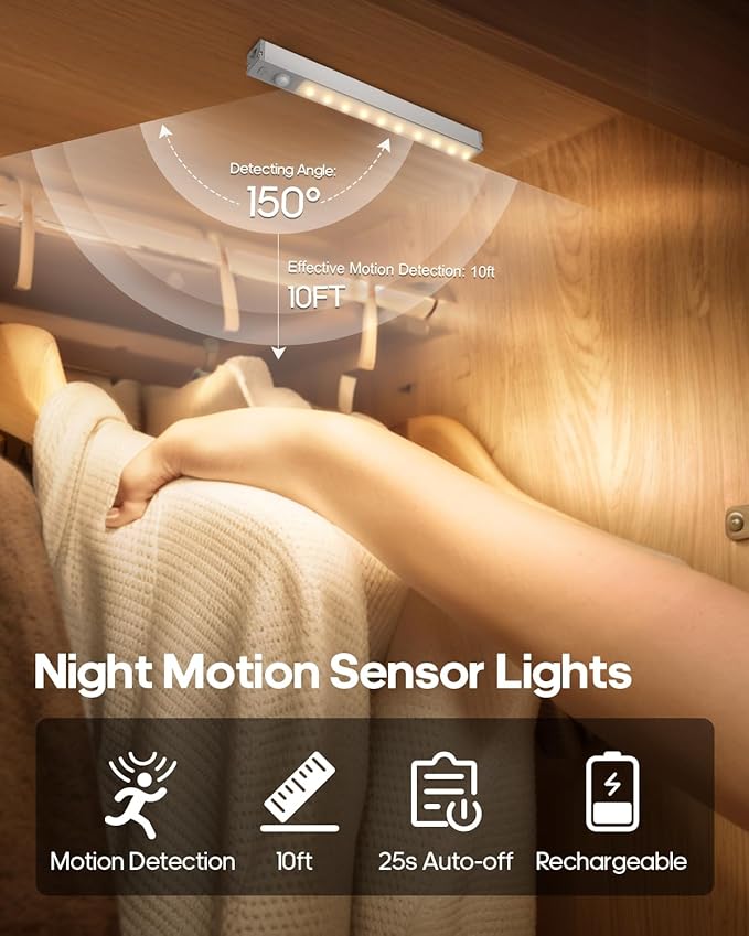 Led Under Cabinet Lights Wireless, 7’’ Rechargeable Motion Sensor Light Indoor, Dimmable Closet Lights for Cabinets, Bookshelf, Stair, Hallway Warm White 3 pcs