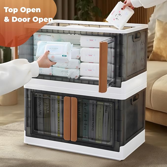 GCCSJ 76Qt Stackable Plastic Storage Boxes with Lids, Foldable Closet Organizers and Storage Containers with Wheels, Collapsible Storage Bins for Home Organization, 3 Pack Grey White