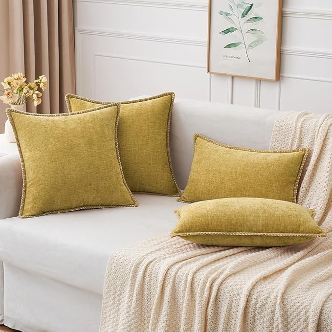 MIULEE Pack of 2 Couch Throw Pillow Covers 12x20 Inch Mustard Yellow Farmhouse Decorative Pillow Covers with Stitched Edge Soft Chenille Solid Dyed Fall Pillow Covers for Sofa Bed Living Room