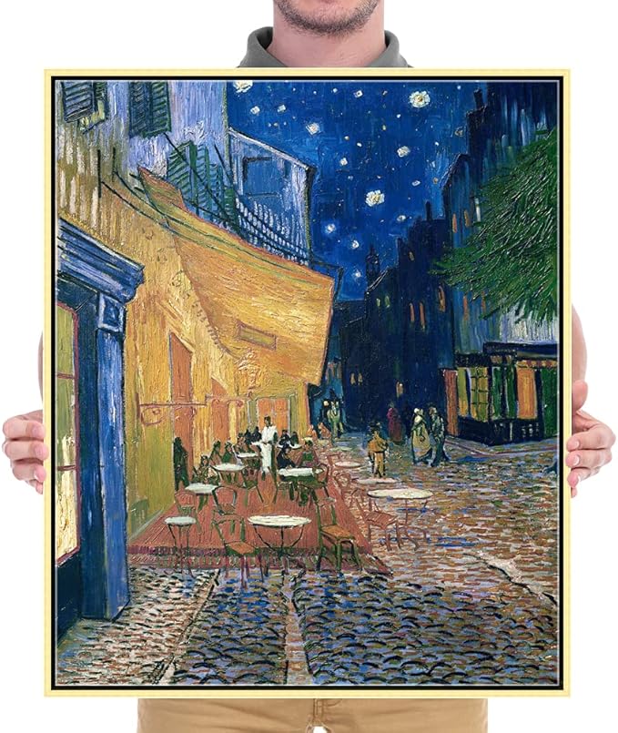 Wieco Art Framed Art Canvas Prints of Cafe Terrace at Night Canvas Prints Wall Art by Van Gogh Paintings Reproduction Abstract Artwork for Wall Decor Golden Frame VAN-0060_5060-GF