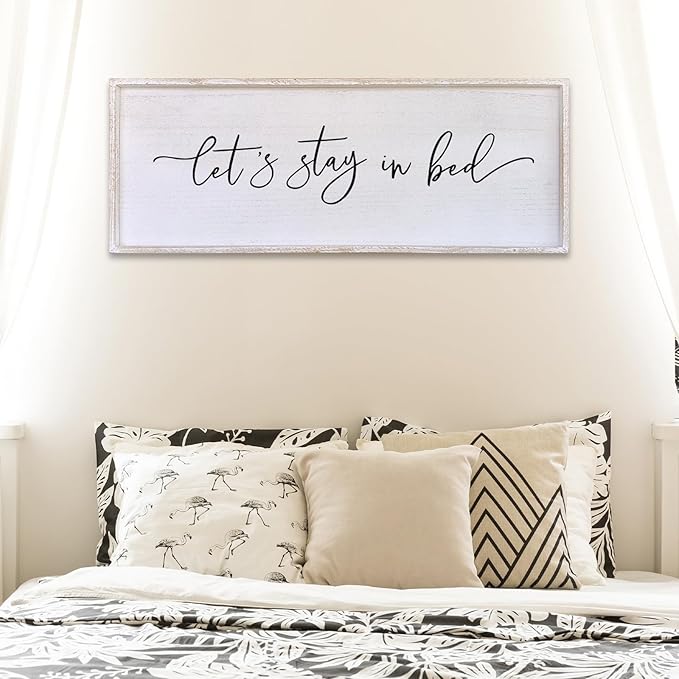 Surfapans Lets Stay In Bed Wall Decor 40”X15” Large Farmhouse Master Room Above Bed Soild Wood Framed Rustic Guest Room Sign Beautiful And Simple Plaque Over Bed Hanging Wall Art Decoration (White)