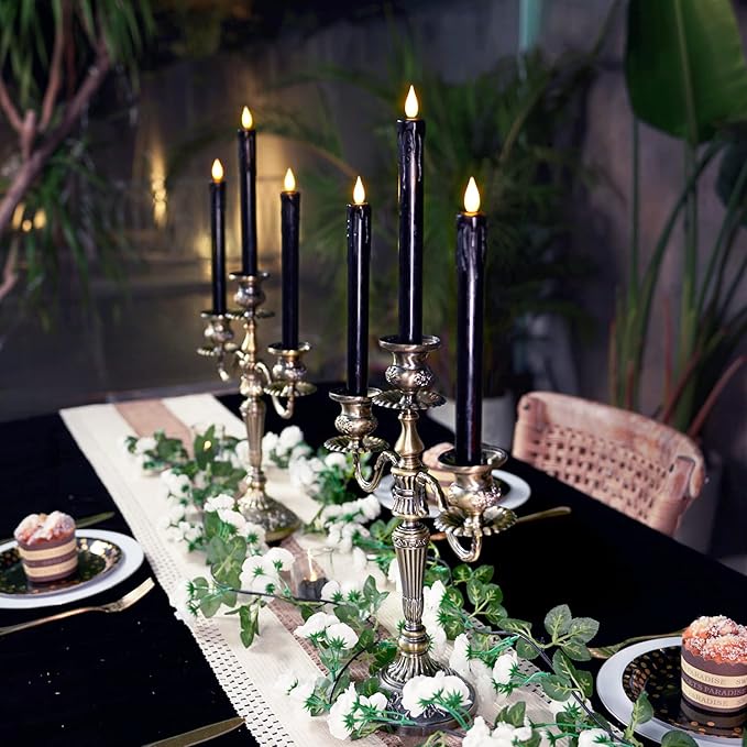 Homemory Black Flameless Taper Candles with Remote and Timer, Real Wax LED Taper Candles Battery Operated, Flickering Candle Sticks for Party Halloween Indoor Decoration, 6 Pcs, 9.6 inches