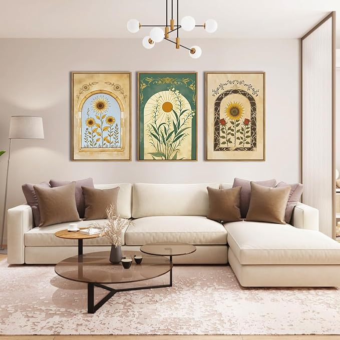ANHUIB Vintage Boho Spiritual Wall Decor 16x24 Inch Botanical Wall Art Earthy Sunflower Illustration Set of 3 for Living Room Bedroom Office